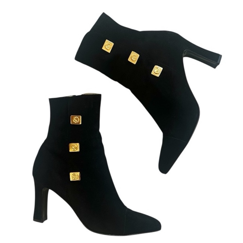 St. John Black Suede High Heel Boots with Goldtone Logo Detail Size 8AA